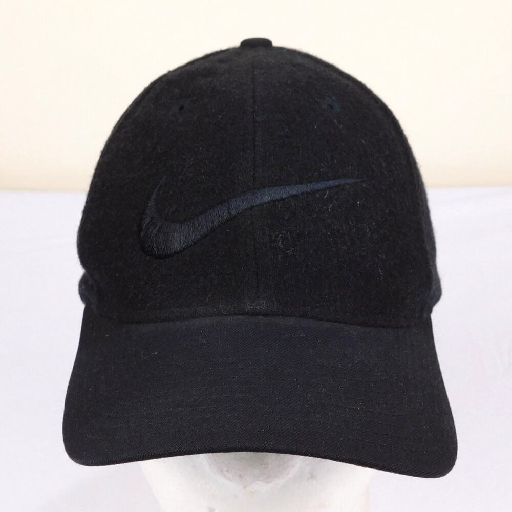 Vintage Nike Black Wool Strapback Hat Cap Tonal Swoosh Y2K Reshaped Nubuck Strap